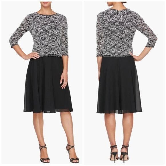 ALEX EVENINGS Faux Two-Piece Cocktel Midi Dress in Black Blue Size 8 - Picture 11 of 11